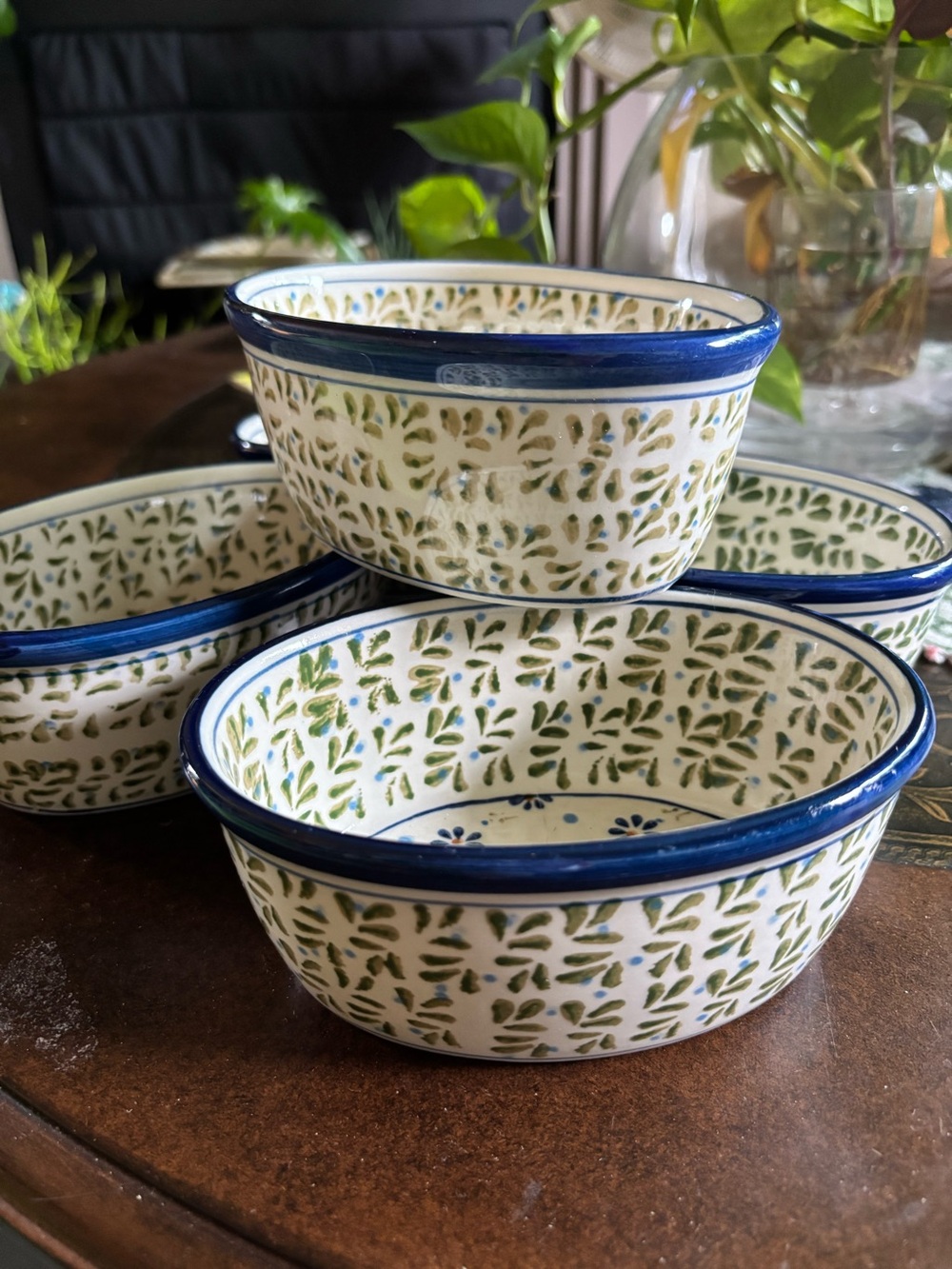 Hand-Painted stoneware Bowls - Blue Rim with Green Leaf Pattern (Set)